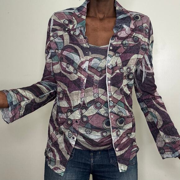 VINTAGE | Psychedelic Pucci Print Lurex Printed Long Sleeve BlouseTop Size Small - Picture 1 of 4